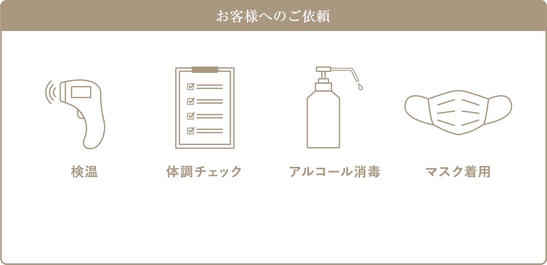 お客様へのご依頼 検温　体調チェック　アルコール消毒 マスク着用